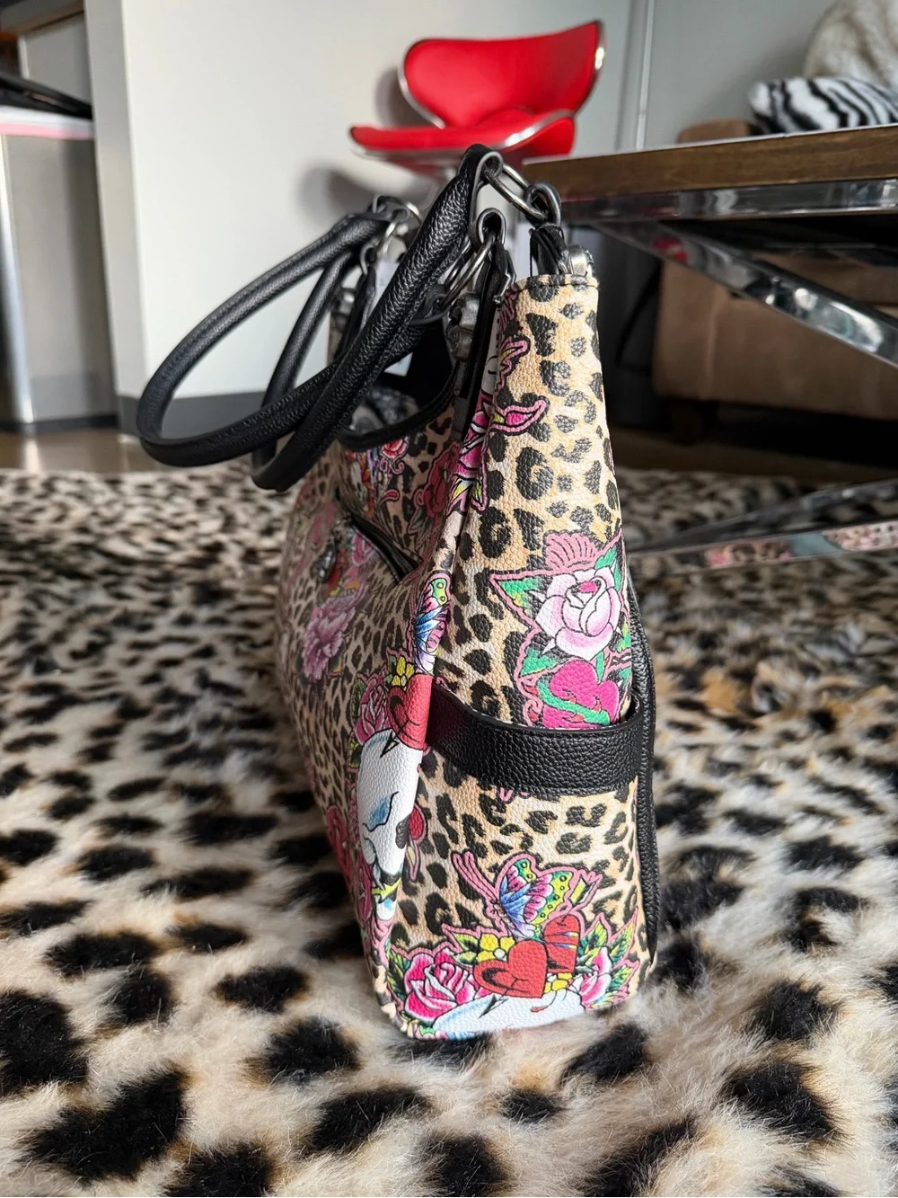 Ed Hardy Blue Canvas Tote with Pink Floral & Leopard Accents